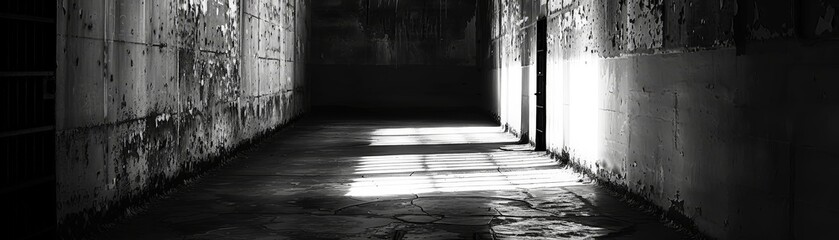 A dark and narrow hallway with light streaming in from the end.