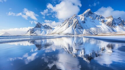 Snow-capped mountains reflected in the still water of an Icelandic beach
