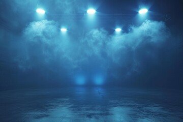Mysterious blue fog in an empty warehouse with atmospheric lighting