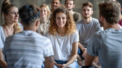 Obraz premium A group of people sit in a circle, listening intently to a speaker. They are engaged and focused, suggesting a supportive and collaborative environment.