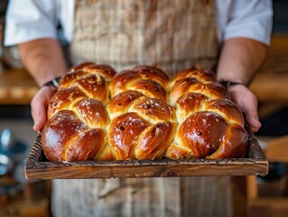 Person Holding Tray of Freshly Baked Bread