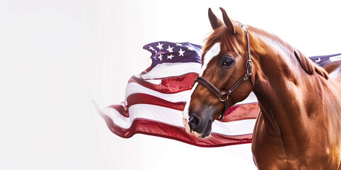 Celebrate Memorial Day, Independence Day! Banner with Copy Space, USA American Flag and horse, blue green background