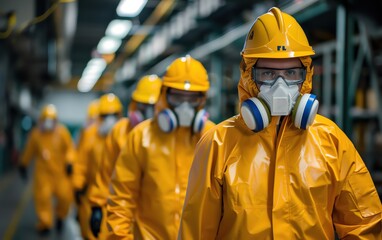 A team of workers in protective gear, including hazmat suits and respirators, in an industrial setting. Safety and precision in hazardous environments.
