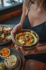 A woman eats hummus in an organic vegan restaurant. view from above. in short shorts. shallow depth of field. 