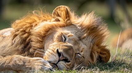 Naklejka premium A majestic lion resting peacefully in the grass, its golden mane casting a warm glow.