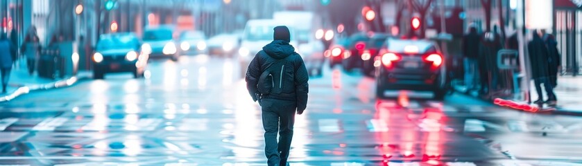 Obraz premium A man walks down a city street, blurred figures and traffic in the background.