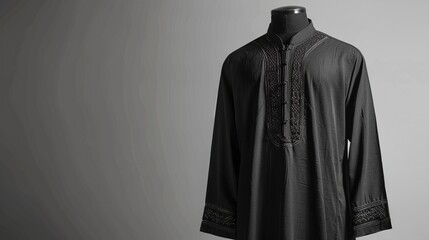 Men's black shalwar qamiz displayed on a mannequin with a light grey background.