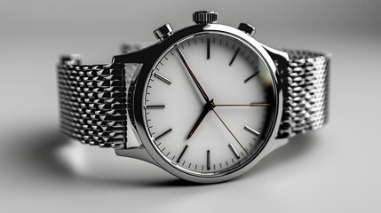 46. "A minimalist image with a white background showcasing a sleek silver wristwatch, positioned centrally