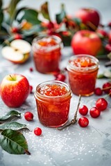 Apple jam in a glass jar. Apple jam on a light background. Delicious natural marmalade. 