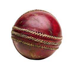 Close-up of a vintage red cricket ball with visible stitching on a white background, showcasing its classic design and wear.