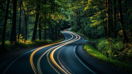 Fototapeta premium A winding road through a lush green forest, with streaks of light from passing cars creating a dynamic scene.