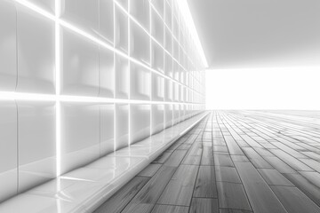 Obraz premium Futuristic white corridor with glowing lights and wooden floor