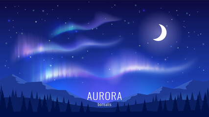 Naklejka premium Aurora Borealis landscape images. Northern lights over the mountains. Night scene, moon and stars. Vector image of the night.