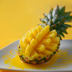 fresh pineapple, cutrings pineapple BOAT , glossy, appetizing, dynamic composition and bright color background,fresh vegetable color