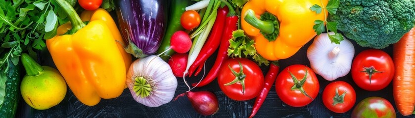 Assortment of fresh vegetables, including peppers, tomatoes, garlic, and broccoli.