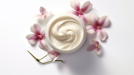 A bottle of cream and flowers on a white background