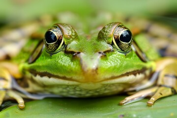 Close-up of a vibrant green frog resting on a lily pad