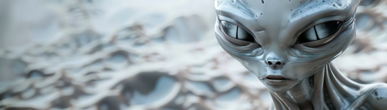 Close-up of an alien face with large eyes.