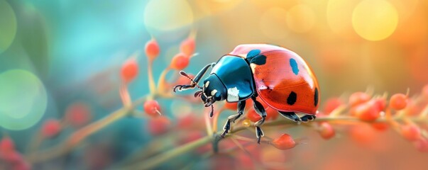 Close-up of a ladybug on a vibrant plant with a bokeh background