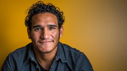 Fototapeta premium Smiling man with curly hair against a warm yellow background