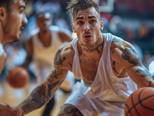 Obraz premium A professional basketball player dribbles the ball during a high-stakes game. His powerful movements and sharp concentration reflect the competitive nature of the sport.