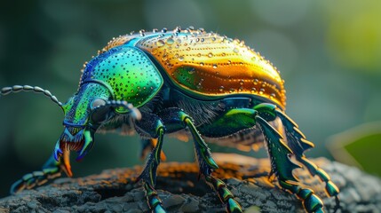 Naklejka premium Macro photograph of iridescent beetle with water droplets