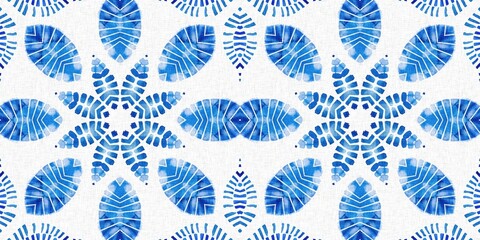Fototapeta premium Indigo blue tie-dye handmade textile seamless border. Asian style abstract blotched dyed effect tape.