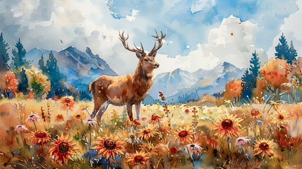 Summer days: deer on a flower meadow in watercolor