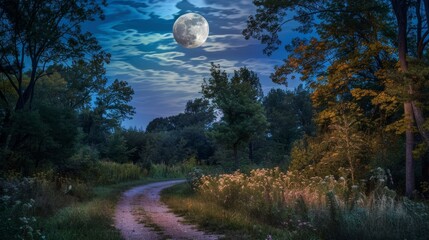Naklejka premium Enchanted Moonlit Path Through Tranquil Forest at Night