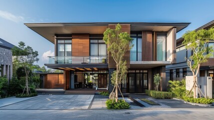 Modern two-story house with wooden facade and large windows,  set against a clear blue sky.