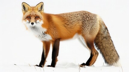 alert red fox standing in snowy landscape fur contrasting against white background attentive pose capturing winter wildlife