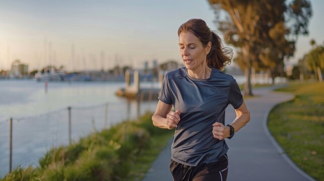 Active Senior Woman Jogging by the Harbor at Sunset