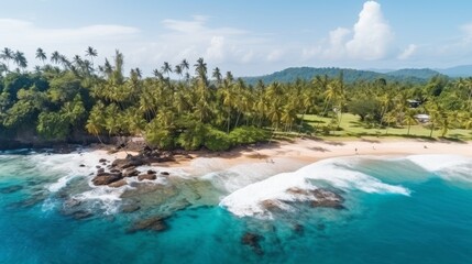 Turquoise beach paradise aerial view of coastal vacation with blue sea, white sands, tropical nature