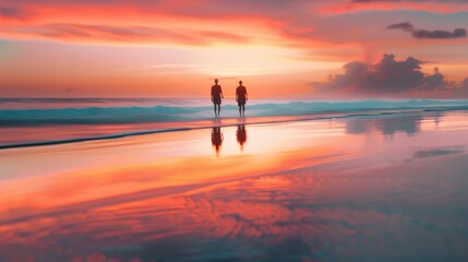 Fototapeta premium Two figures walk along a sandy beach at sunset, their reflections mirrored in the water. The sky is ablaze with vibrant colors.