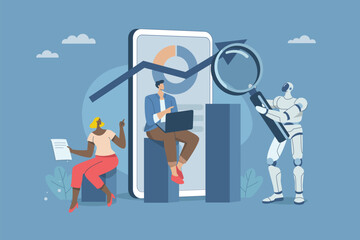 Using artificial intelligence to research finance or analyze the future trends of the market, AI support, Businessmen team and robots jointly analyze trends on graphs and charts with magnifying glass.