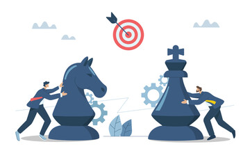 Planning for business goals, Strategizing to compete with competitors, Business confrontation, Businessman moving a large chess piece against a business competitor. Vector design illustration.