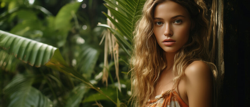 French supermodel posing in lush jungle