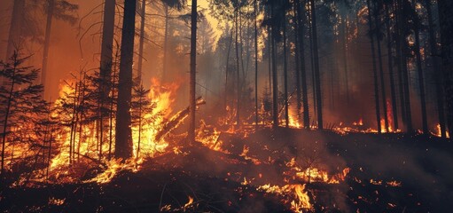 Forest fires rage through the wilderness, a destructive force that also renews and rejuvenates the ecosystem.