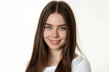 Smiling young woman with long brown hair posing on white background
