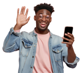 PNG Happy man waving smartphone selfie