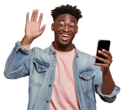 PNG Happy man waving smartphone selfie - Powered by Adobe