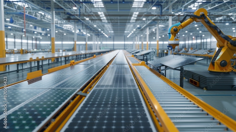 Poster robotic arm moves a solar panel on a conveyor belt in a modern factory production line. clean and we