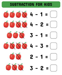 Subtraction game with bell pepper. Educational math game for preschoolers kindergarten. Matching game.Worksheet. Vector illustration.