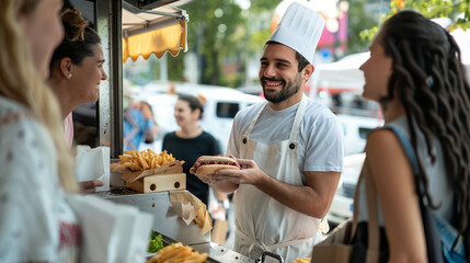 People buy food on the food court. 