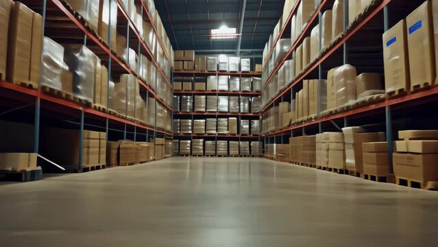 Logistics center warehouse business industry shipping distribution storage delivery packages cargo retail shelf container cardboard box freight stock transport technology hangar indoor inventory