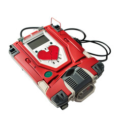 Fototapeta premium Close-up image of a futuristic, red electronic device with cables, a display, and a heart symbol in the center.