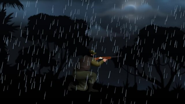 hunter firing  heavy Rain and thunder at night  2d animation 	
