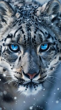Close-up of snow leopard with bright blue eyes in snowfall, captivating winter wildlife portrait