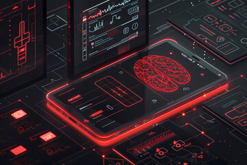 Obraz premium A high-tech digital medical tablet displaying detailed brain data, surrounded by data analysis screens and futuristic interface elements in a modern, advanced medical environment.