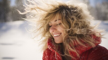 Beautiful blonde woman in stylish red coat savoring the magical snowfall under the warm sunlight